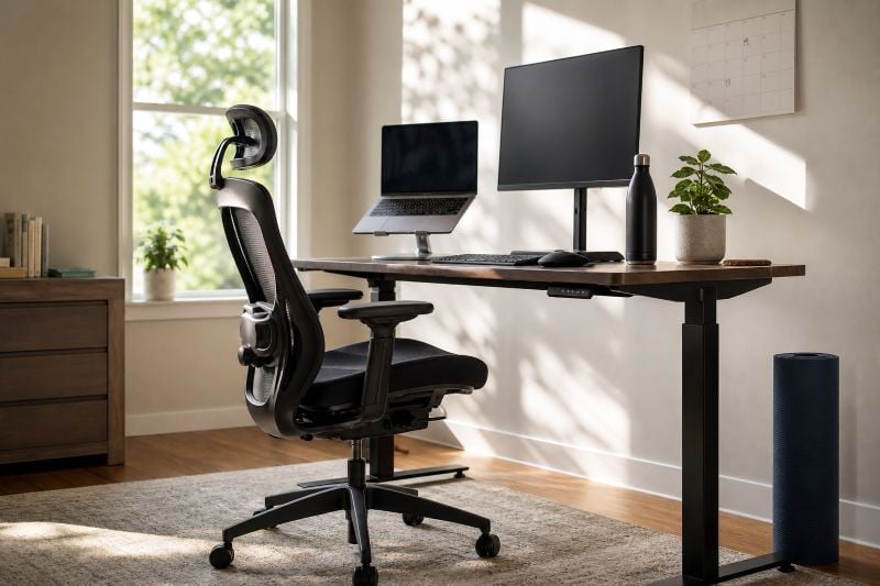 Ergonomic Office Setup with Greenery and Yoga Mat