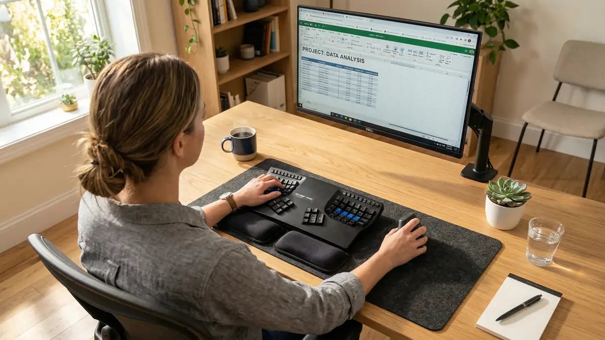 Ergonomic home office desk setup showing neutral wrist position keyboard and vertical mouse for carpal tunnel prevention