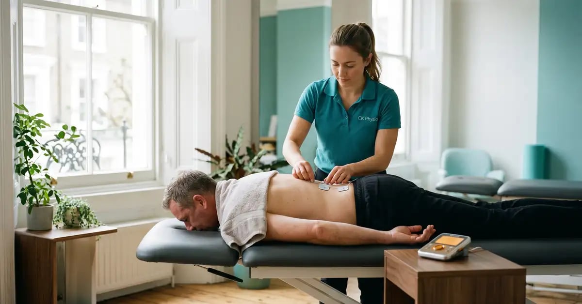 A CK Physio chartered physiotherapist applying TENS electrodes to a patient's lower back in a bright West London treatment room