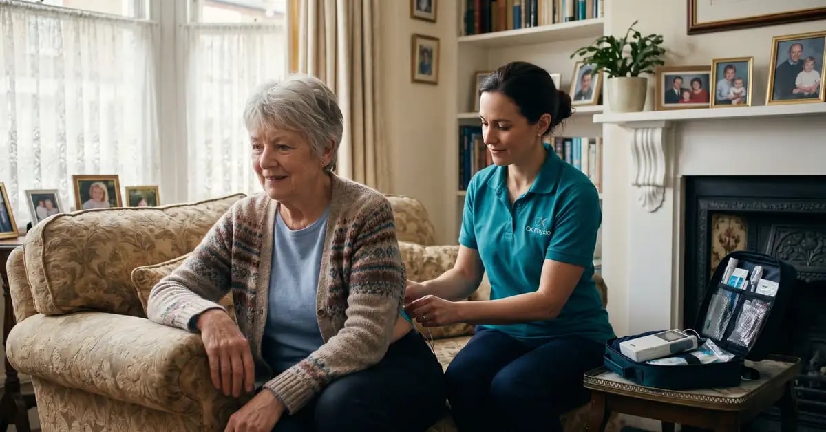 A CK Physio physiotherapist providing a home-visit electrotherapy session to an older woman in her West London home