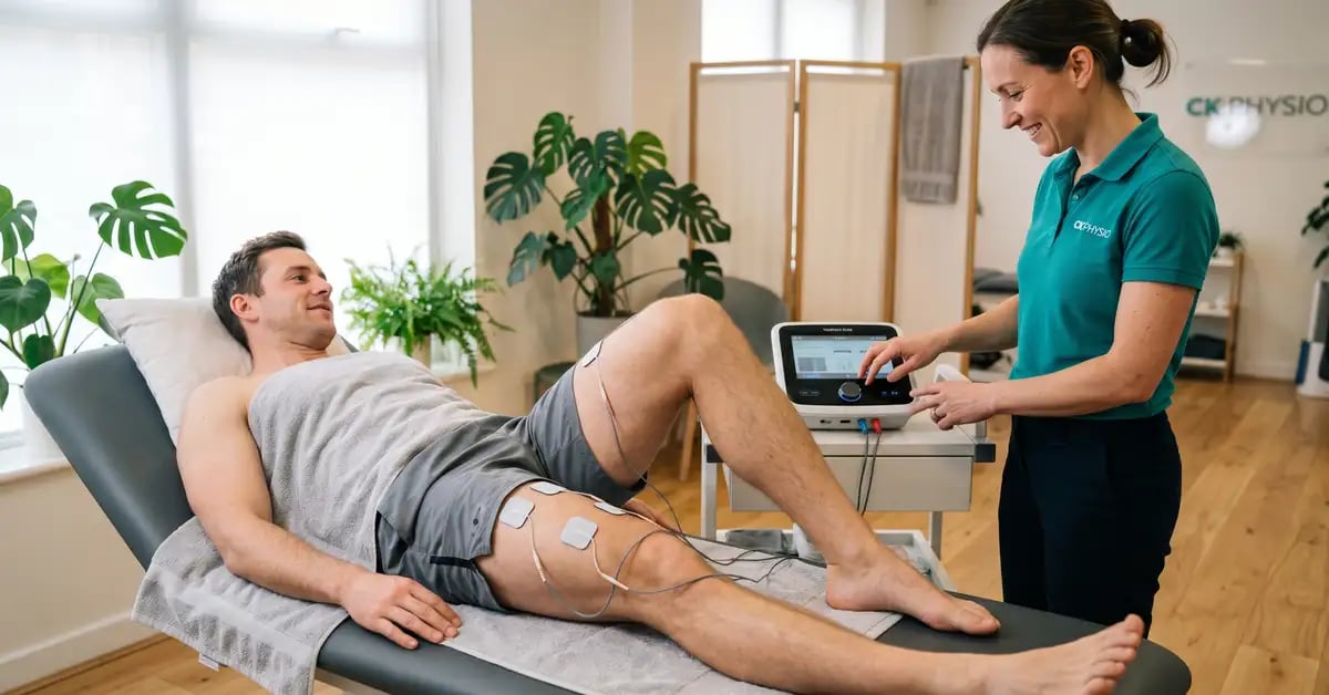 A CK Physio physiotherapist applying NMES neuromuscular electrical stimulation electrodes to a patient's quadriceps during post-injury rehabilitation