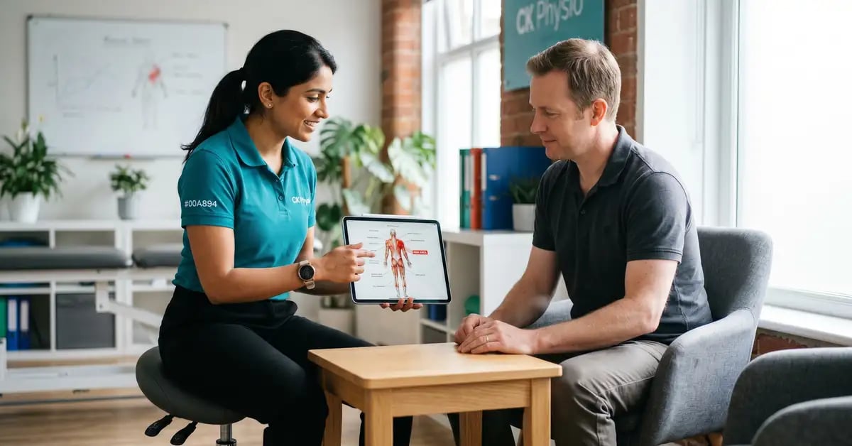 A CK Physio chartered physiotherapist discussing a pain chart on a tablet with a patient during an electrotherapy consultation