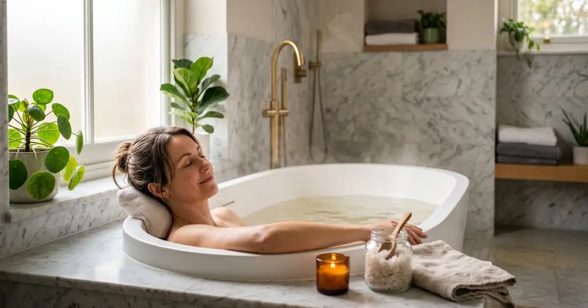 Woman relaxing in a warm Epsom salt bath in a modern UK bathroom for muscle recovery and sleep quality