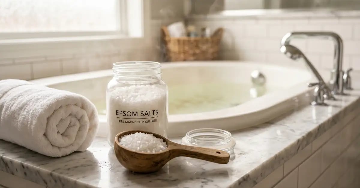 Glass jar of Epsom salt crystals with a wooden scoop and rolled towel beside a warm bath
