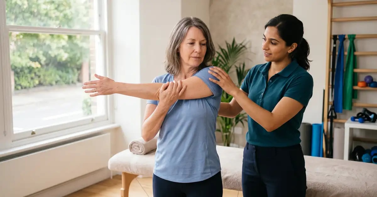A patient performing a cross-body stretch for the posterior shoulder capsule under guidance of a CK Physio physiotherapist
