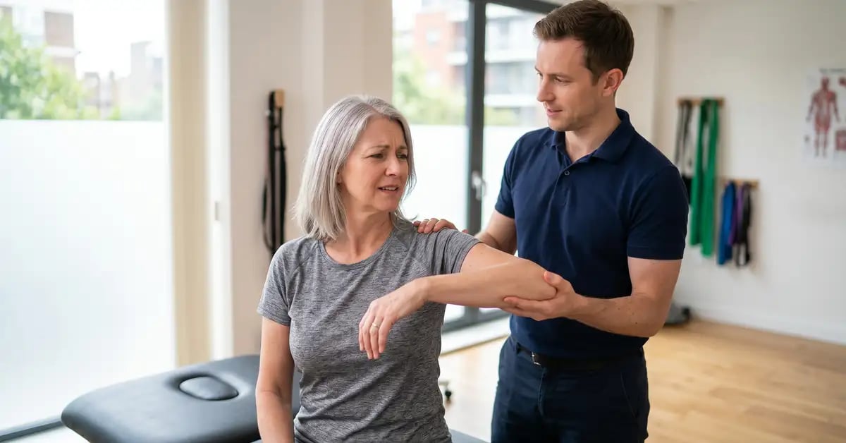 A CK Physio chartered physiotherapist assessing a patient's external shoulder rotation in a West London treatment room during a frozen shoulder consultation