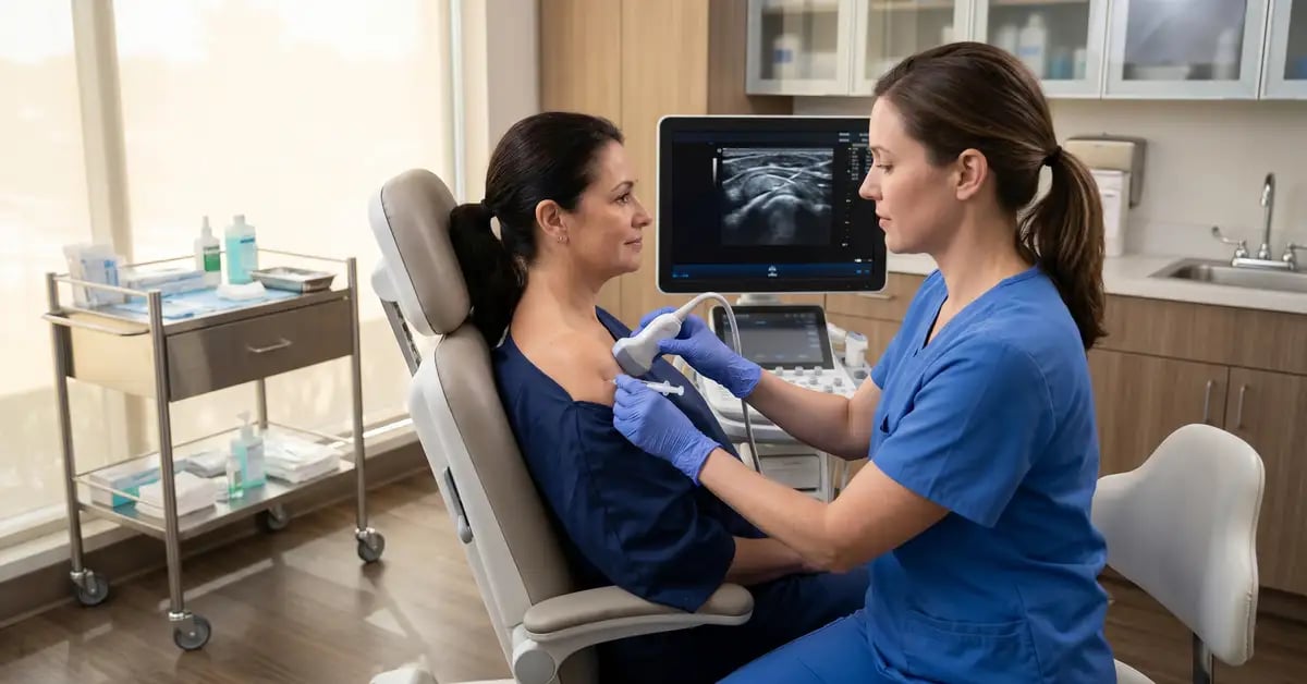 An ultrasound-guided intra-articular shoulder steroid injection being performed for frozen shoulder