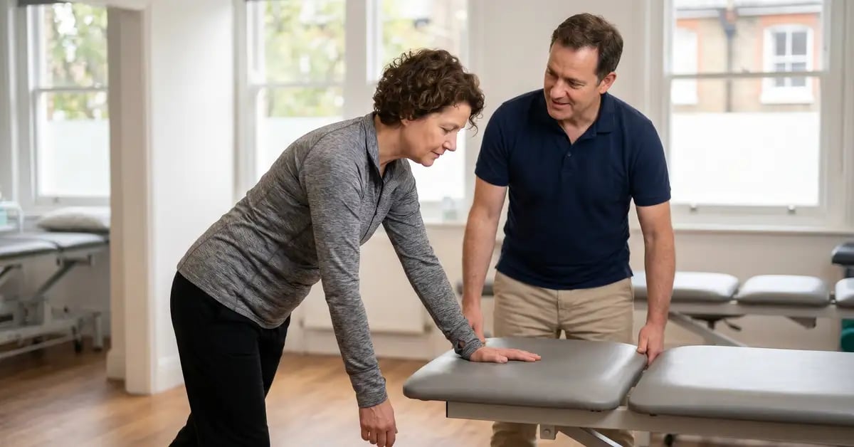 A patient performing the Codman pendulum exercise under guidance of a CK Physio chartered physiotherapist