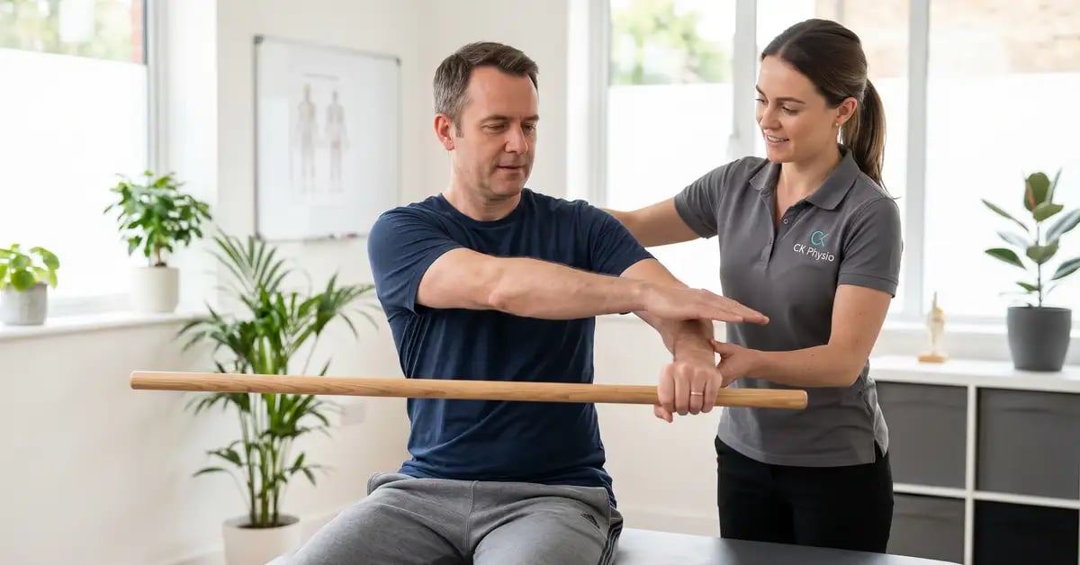 A patient performing a wand-assisted external rotation stretch under guidance of a CK Physio physiotherapist