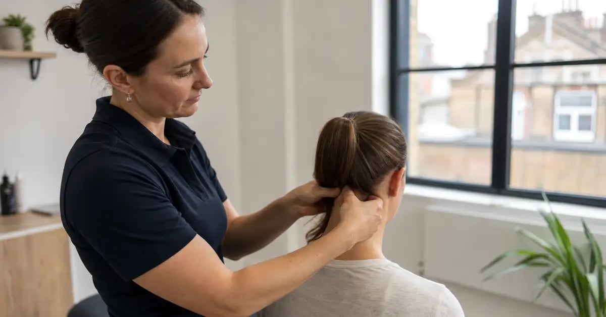 Chartered physiotherapist gently assessing a patient's upper neck and base of the skull in a bright West London clinic