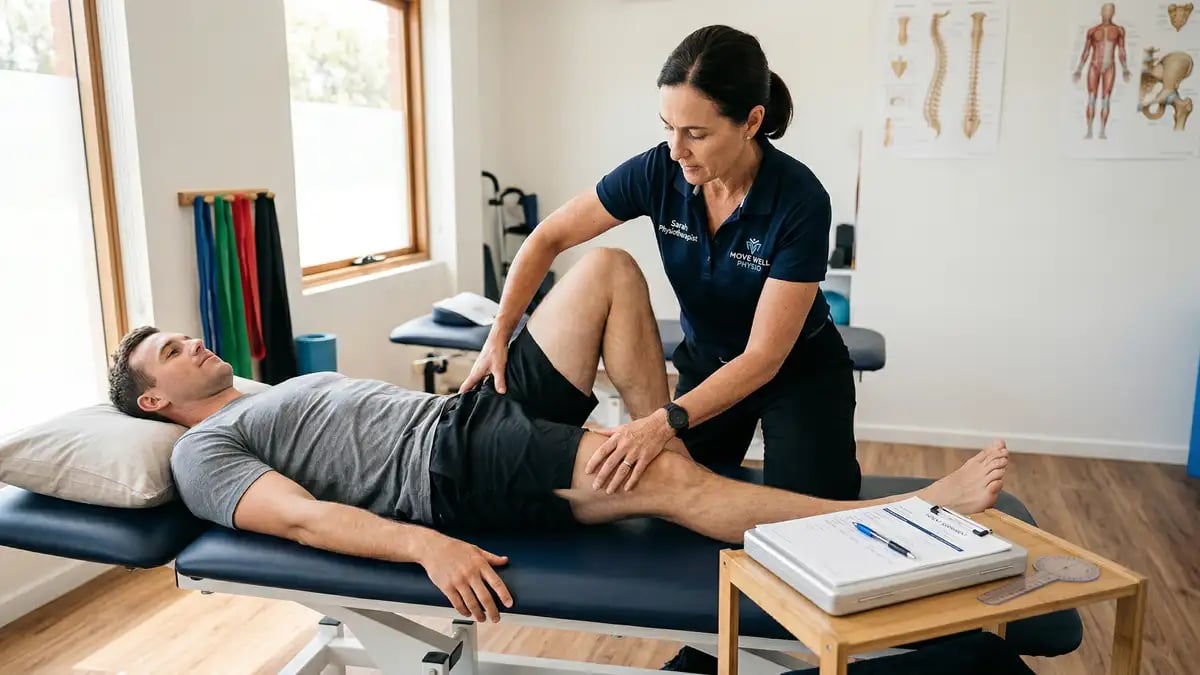 Chartered physiotherapist performing a comprehensive whole-body assessment on a patient in a bright clinical environment with natural light