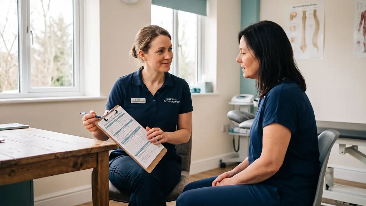 Chartered physiotherapist discussing assessment findings and treatment options with a patient in a consulting room