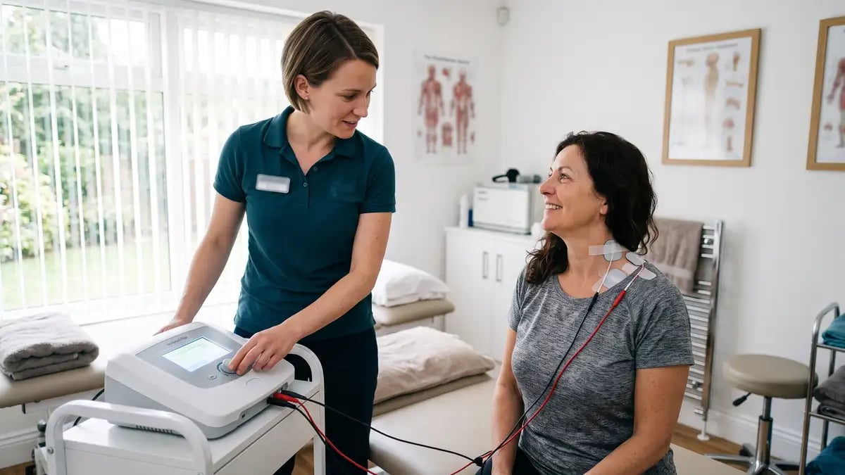 Physiotherapist adjusting the intensity on an interferential therapy unit while checking comfort with a patient