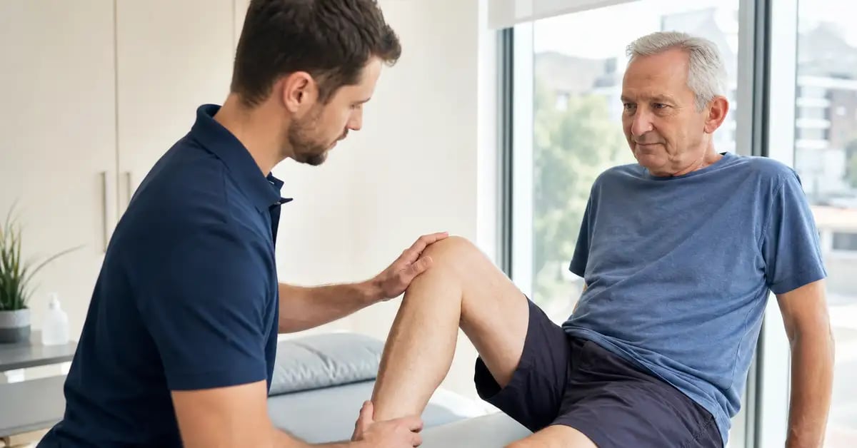 A CK Physio chartered physiotherapist assessing the knee of an older patient during a knee osteoarthritis consultation in a West London treatment room