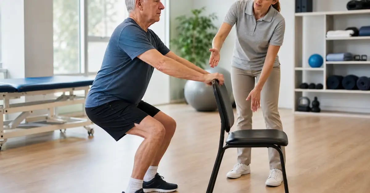 A patient performing a controlled mini-squat exercise holding the back of a chair for support, with knees tracking over toes, under guidance of a CK Physio physiotherapist