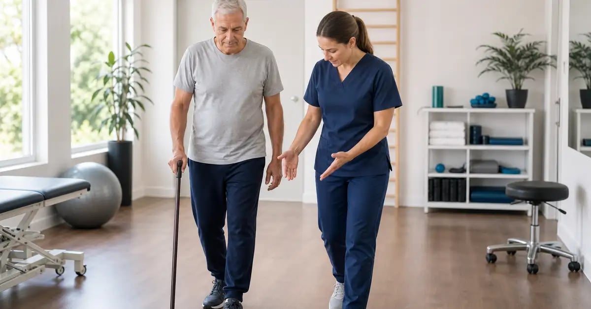 A CK Physio physiotherapist demonstrating correct walking-stick technique to an older patient with knee osteoarthritis