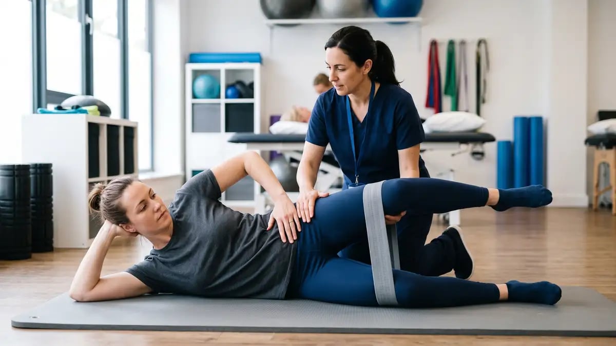 Patient performing side-lying hip abduction with a resistance band while a physiotherapist guides technique