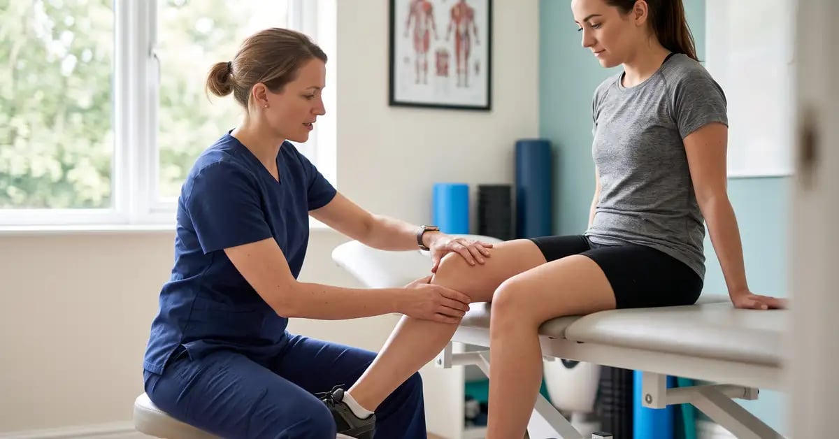 Chartered physiotherapist examining a patient's kneecap during an assessment for patellofemoral pain at CK Physio, Hanwell, West London