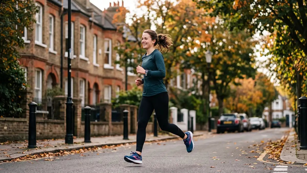 Recreational runner running comfortably on a leafy West London street after completing knee rehabilitation