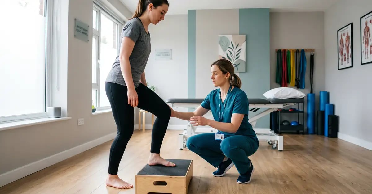 Physiotherapist observing a patient performing a single-leg step-down test to assess knee control and anterior knee pain