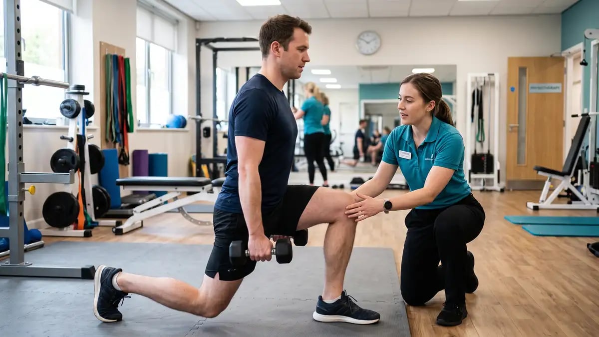 Patient performing a controlled split-squat quadriceps strengthening exercise with a physiotherapist supervising technique