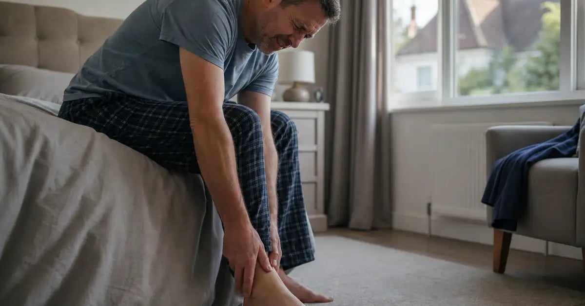 Man sitting on the edge of his bed holding his heel with first-step morning pain from plantar fasciitis