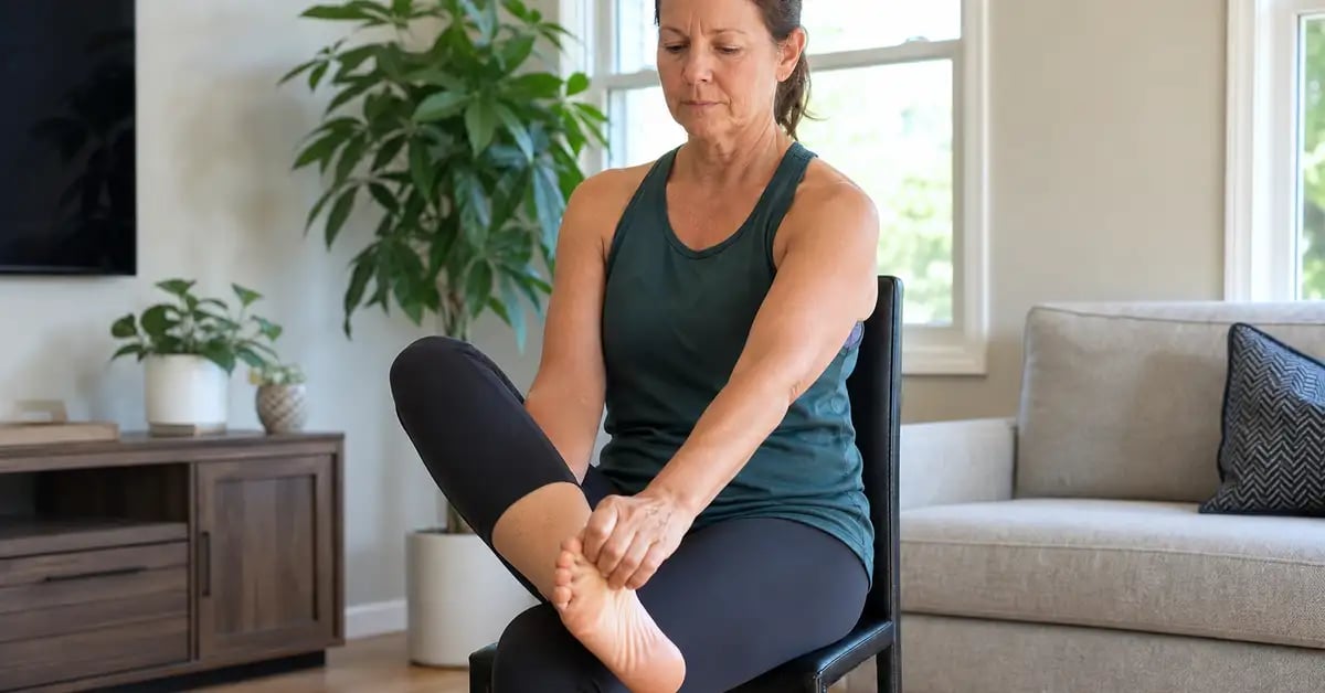 Woman performing a seated plantar fascia stretch, pulling her toes back towards her shin