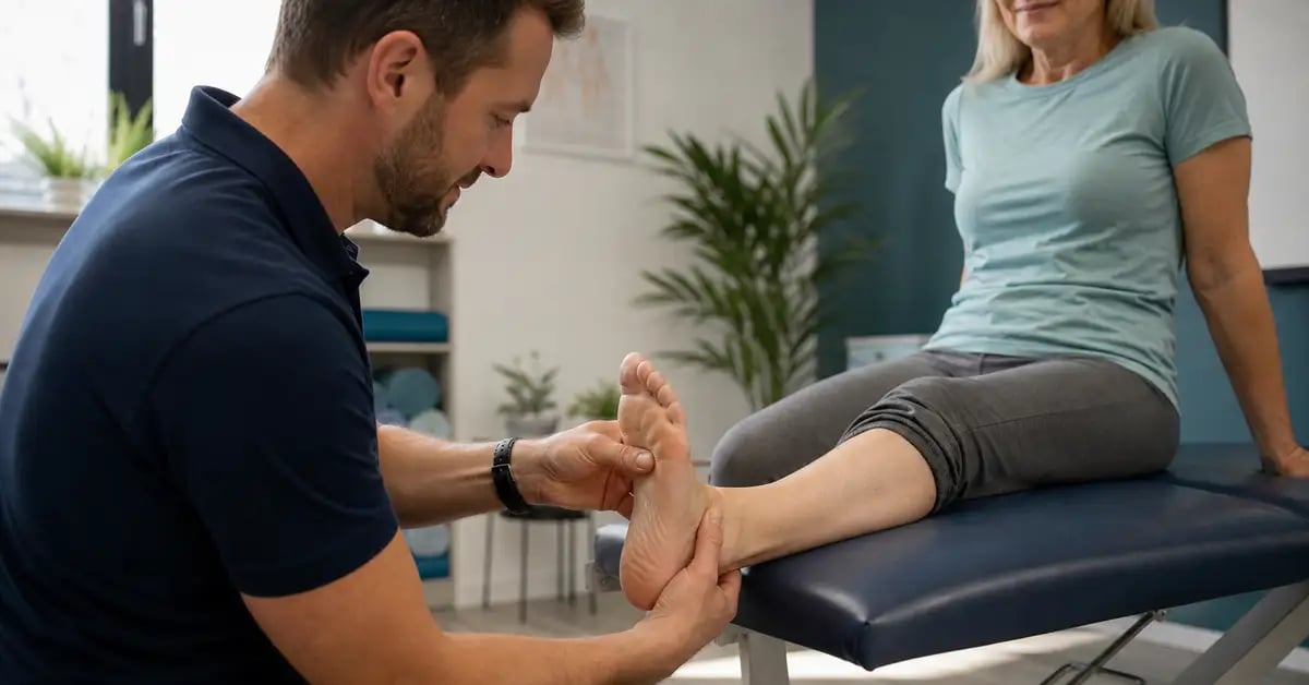 Physiotherapist examining a patient's heel for plantar fasciitis at CK Physio in Hanwell, West London