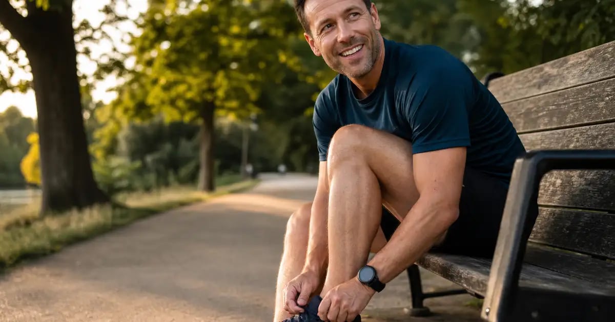 Runner lacing up cushioned supportive running shoes in a West London park before a graded return to running