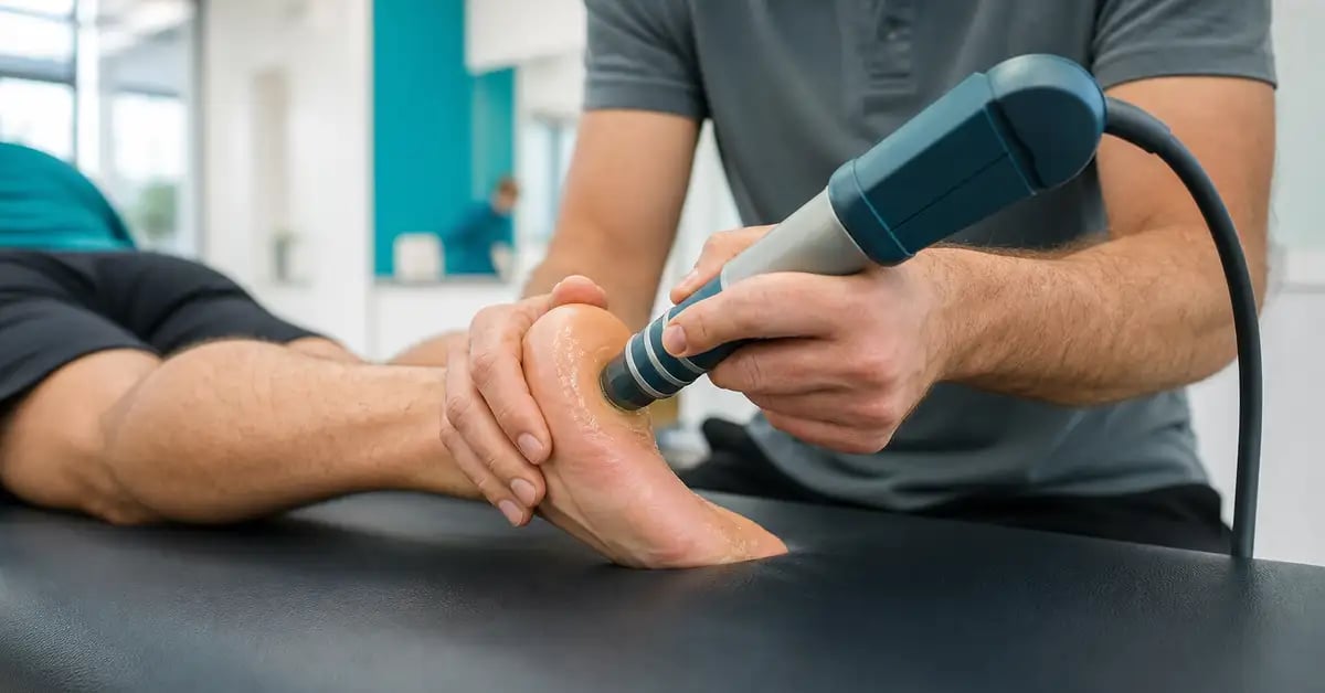 Physiotherapist applying shockwave therapy to a patient's heel to treat plantar fasciitis