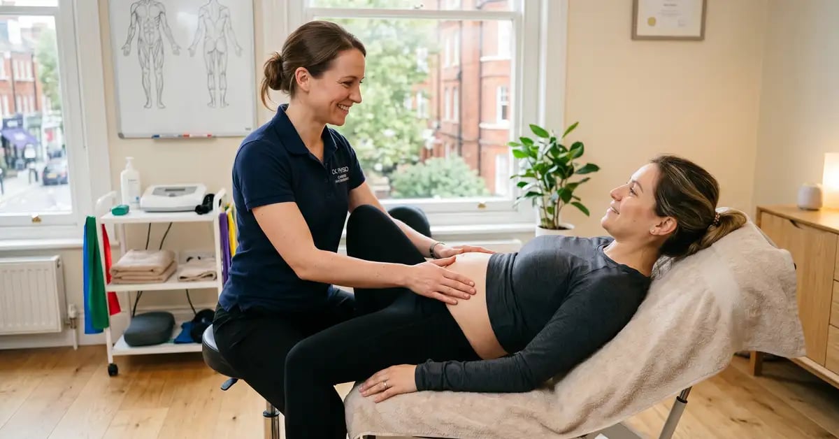 A CK Physio female chartered physiotherapist gently assessing a new mother's abdomen during a postnatal recovery consultation in a West London treatment room