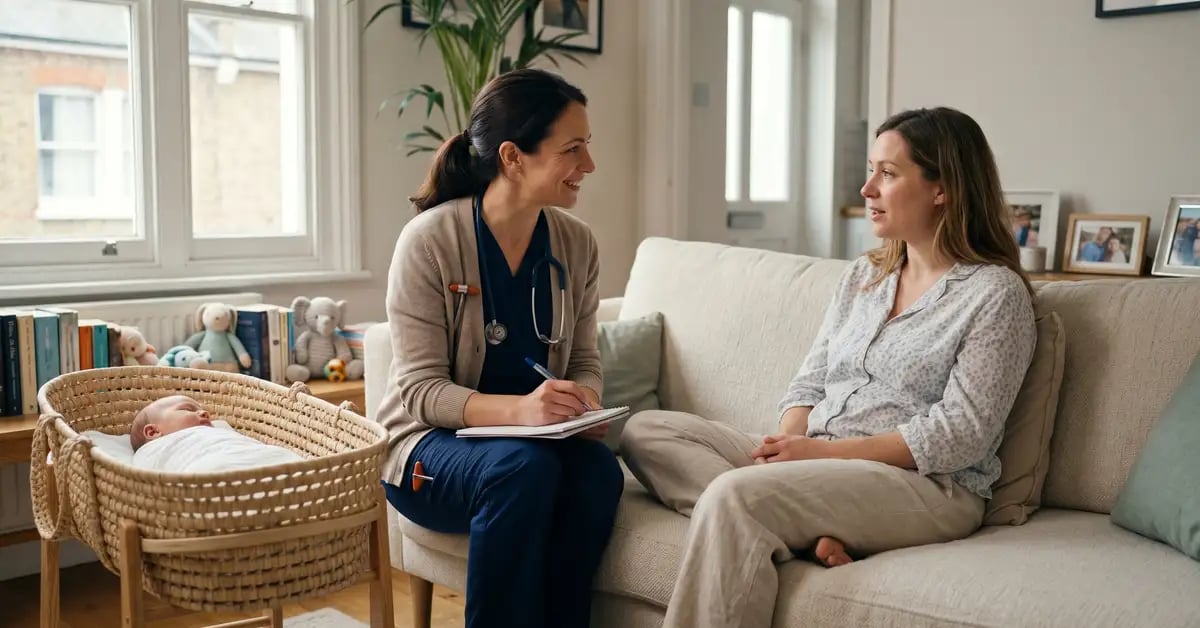 A CK Physio female chartered physiotherapist visiting a new mother and newborn in their West London home for a postnatal physiotherapy assessment