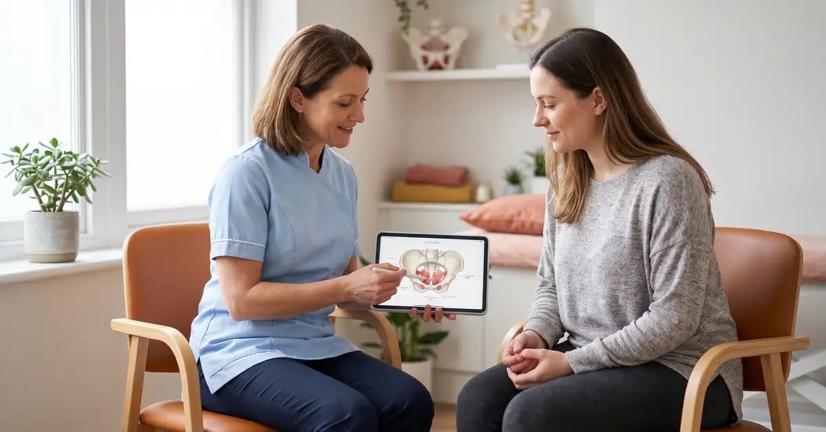 A CK Physio female physiotherapist showing a new mother an anatomical diagram of the pelvic floor on a tablet during an educational consultation