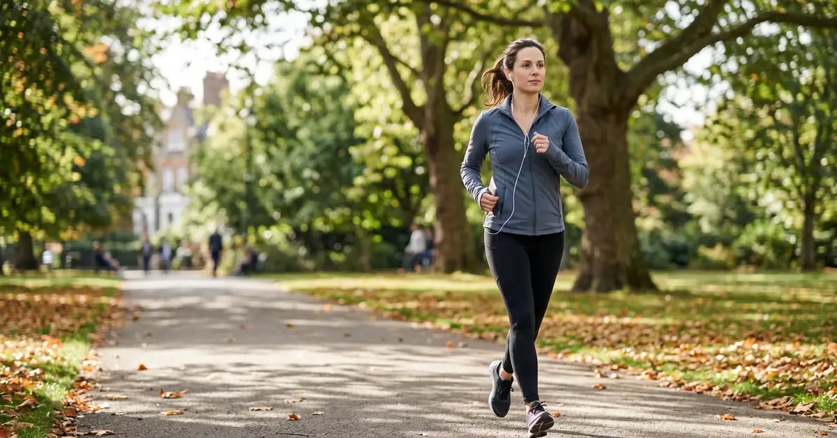 A postnatal mother walking briskly in a leafy West London park during her return-to-running progression