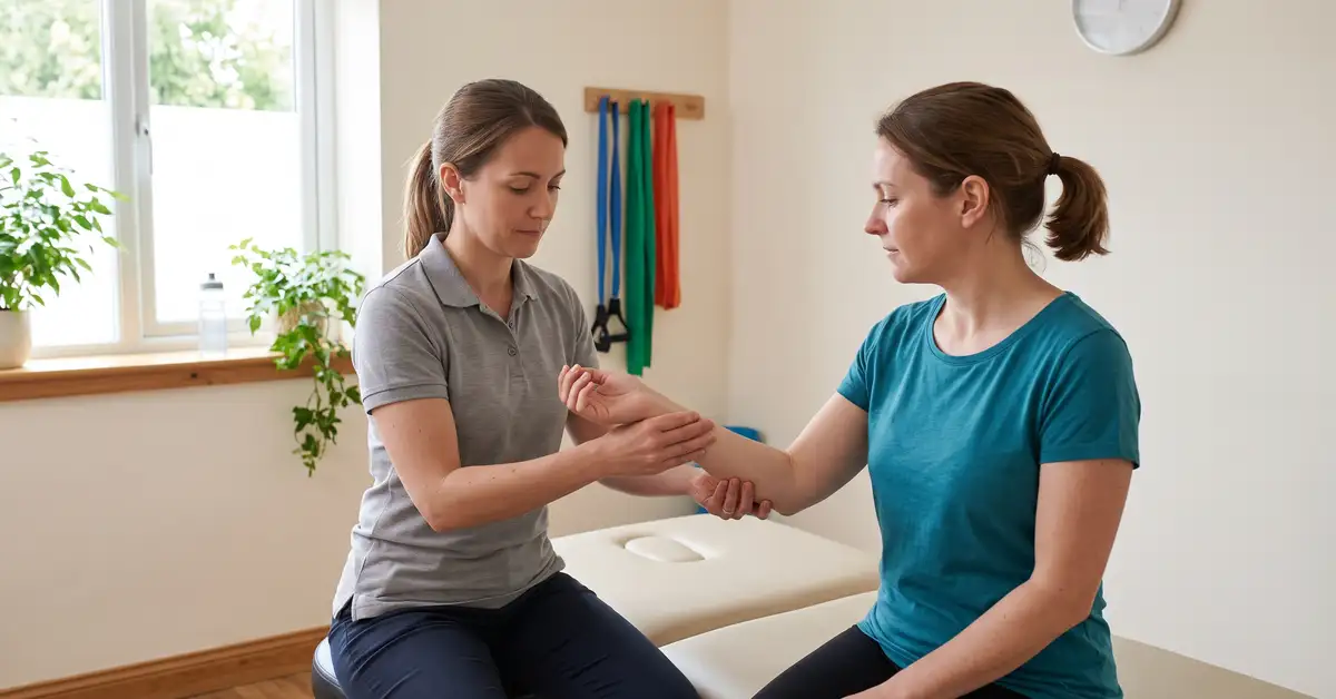 Chartered physiotherapist guiding a patient through a wrist stretching exercise for carpal tunnel syndrome at CK Physio in Hanwell