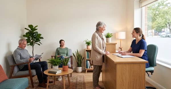 Welcoming physiotherapy clinic reception and waiting area