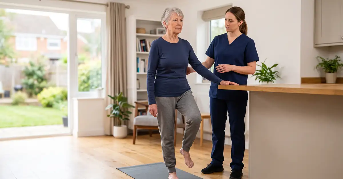 Older woman doing a supported balance exercise at home with a physiotherapist beside her