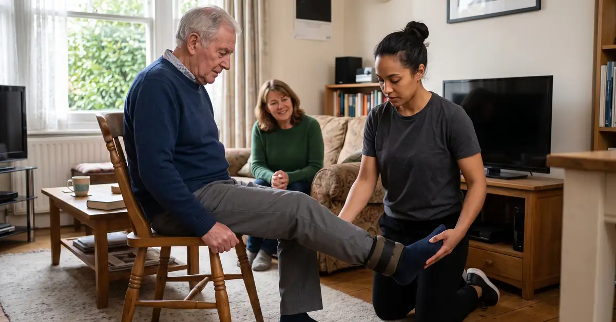 Elderly man doing a seated leg-raise exercise with a physiotherapist while his daughter watches