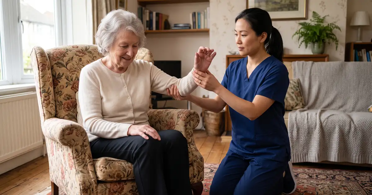 Physiotherapist guiding an elderly woman through a gentle shoulder exercise in her armchair at home