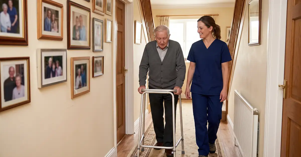 Physiotherapist walking alongside an elderly man using a walking frame at home