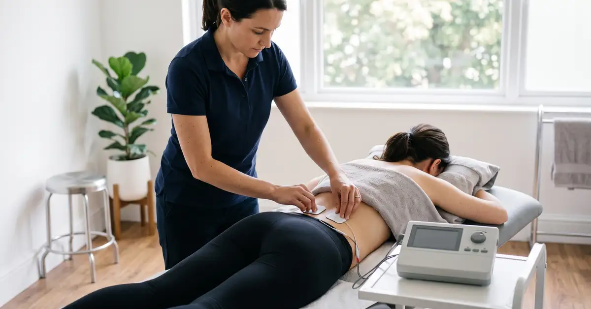 Physiotherapist applying electrotherapy electrode pads to a patient's lower back in a modern clinic
