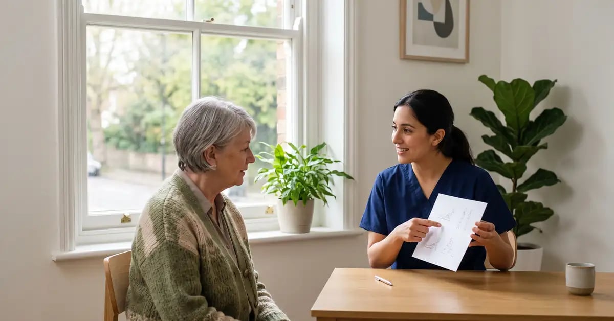 Chartered physiotherapist talking an older patient through a home recovery plan