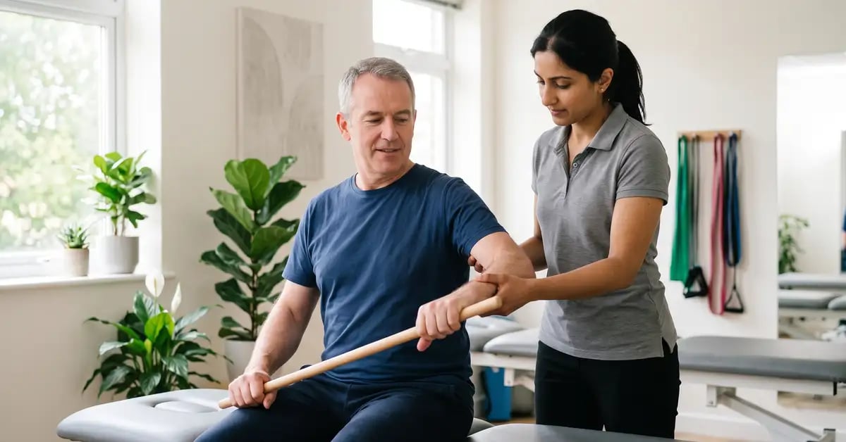 A patient performing a wand-assisted shoulder external rotation stretch with a physiotherapist guiding his elbow