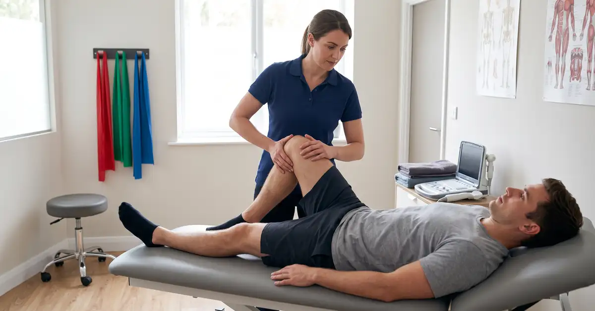 Chartered physiotherapist performing a comprehensive whole-body assessment on a patient in a bright clinical environment with natural light
