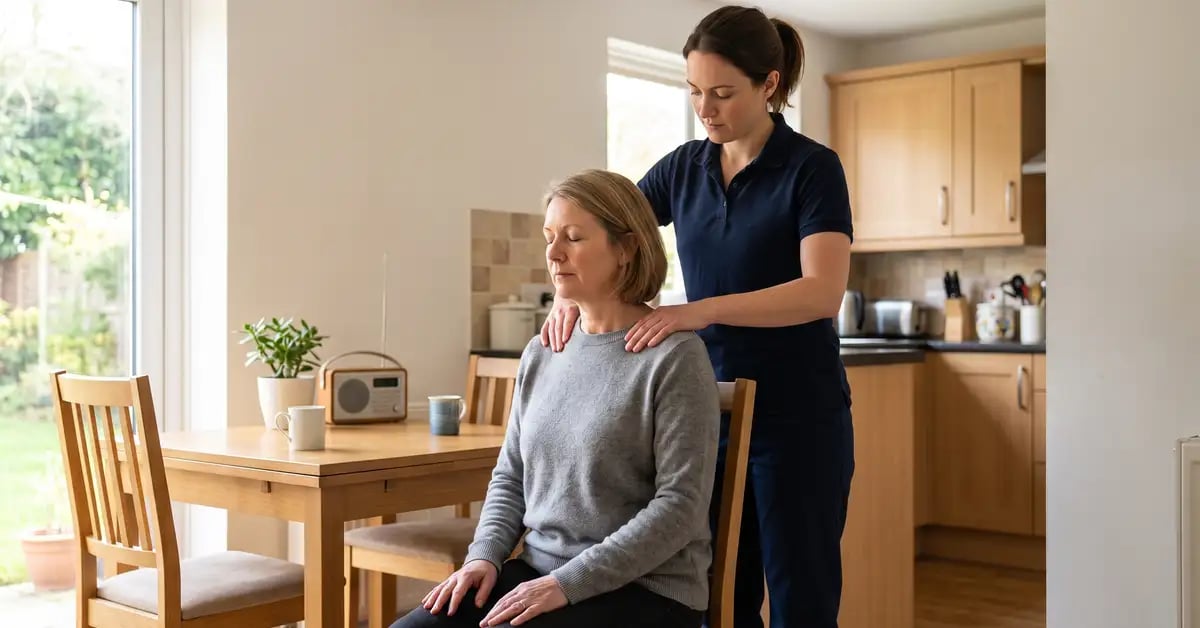 Physiotherapist performing manual therapy on a woman's shoulders during a home visit