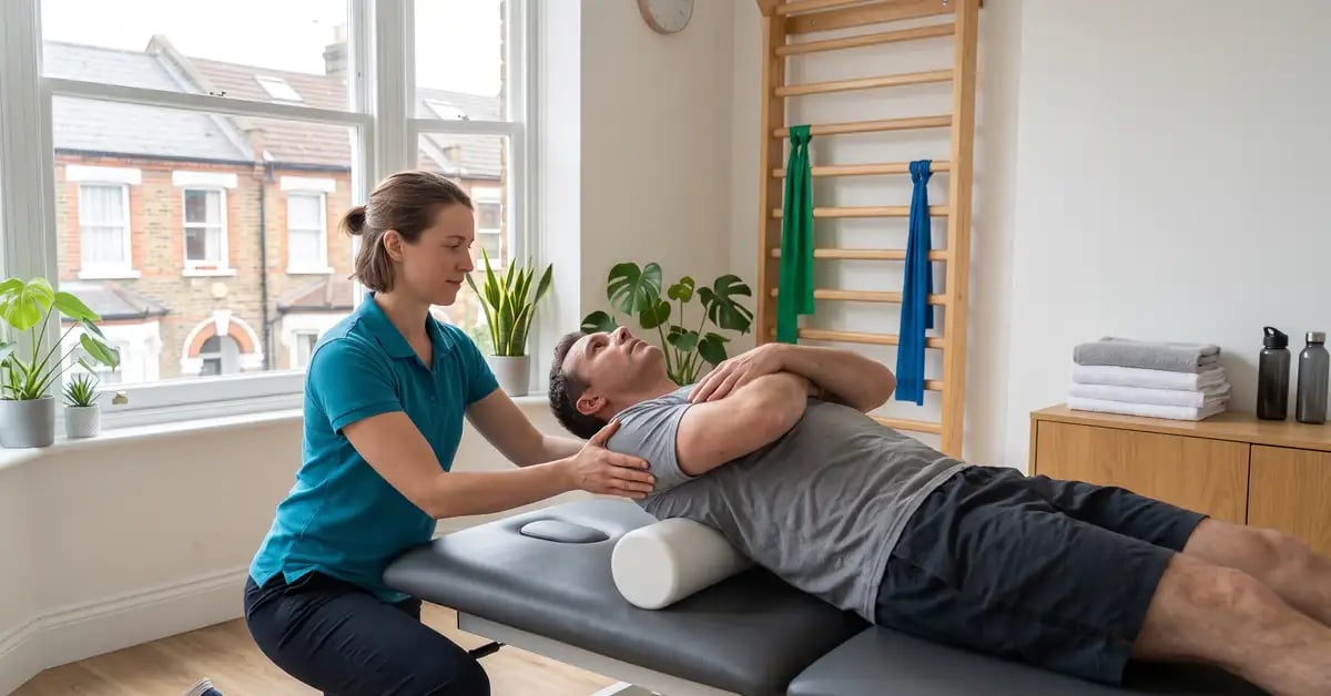 Chartered physiotherapist guiding a male patient through a thoracic extension exercise over a foam roller
