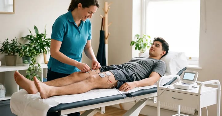 Physiotherapist applying NMES electrodes to a patient's thigh during rehabilitation after injury