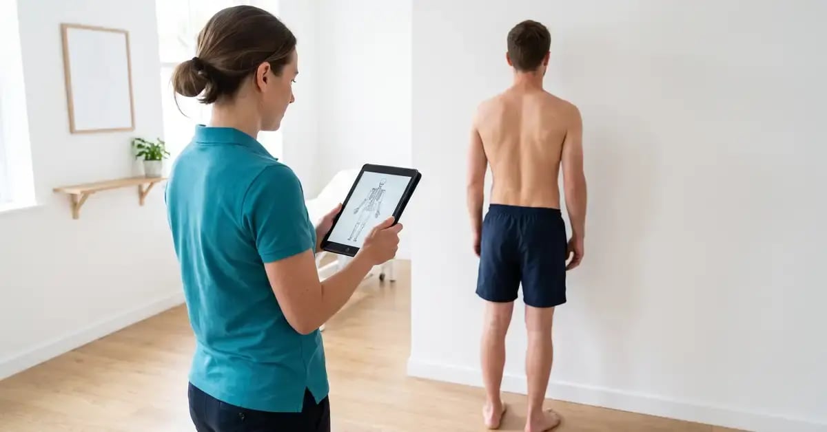 Physiotherapist observing a man's standing posture from behind during a postural assessment