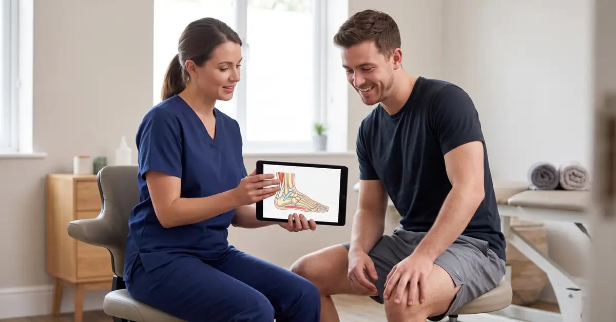 Physiotherapist consulting with patient about treatment options in modern West London clinic