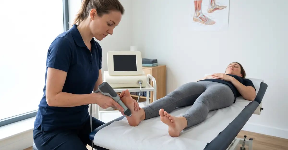 Physiotherapist applying focused shockwave therapy to a patient's foot